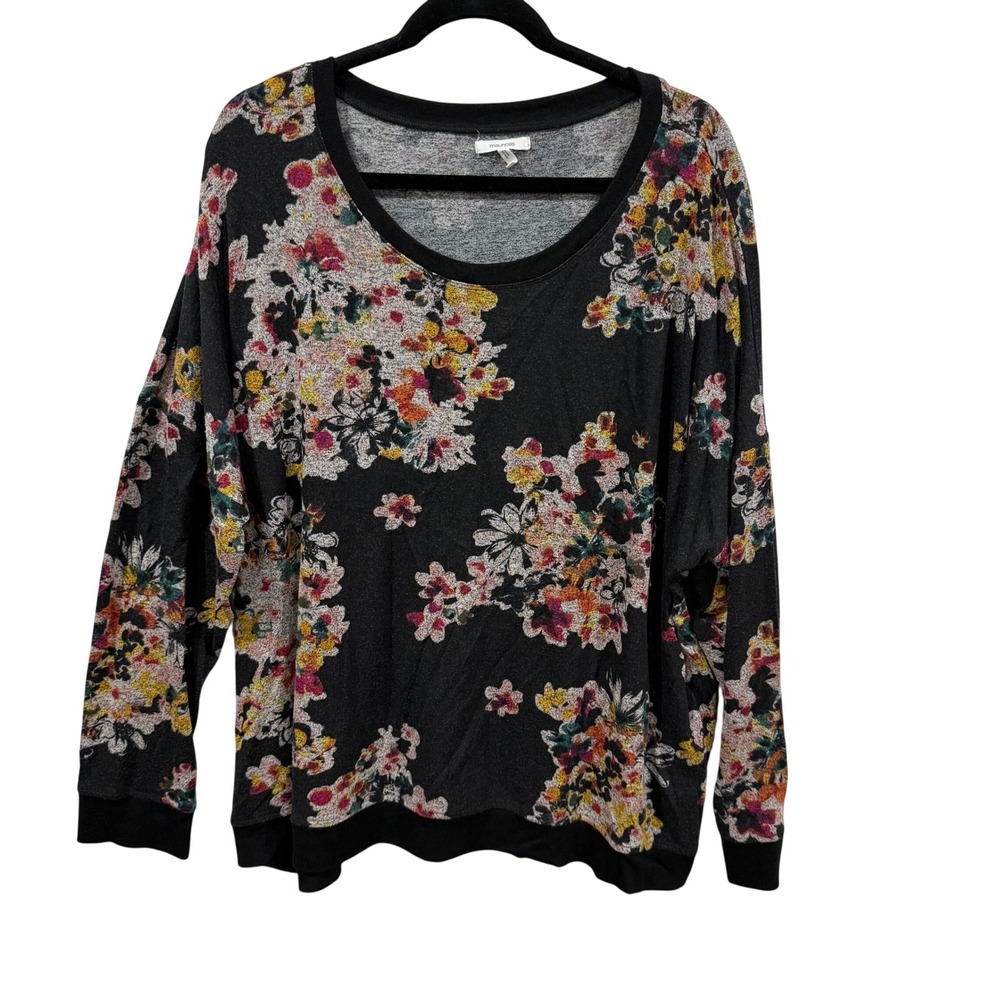 Maurices Women Plus Size 3 Floral Long Sleeve Scoop Neck Knit Top Black Multi